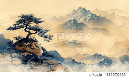 木と自然風景の水墨画,Generative AI AI画像のイラスト素材 [112370465