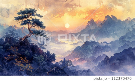 木と自然風景の水墨画,Generative AI AI画像 112370470
