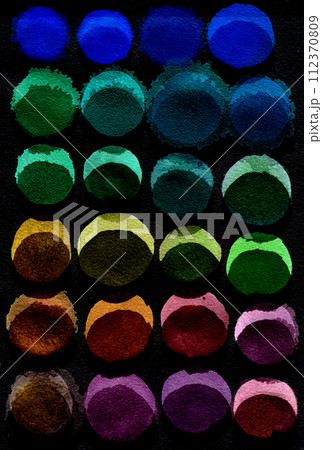 Black background of multicolored watercolor circles. Abstract composition of watercolor circles on a black background.  112370809