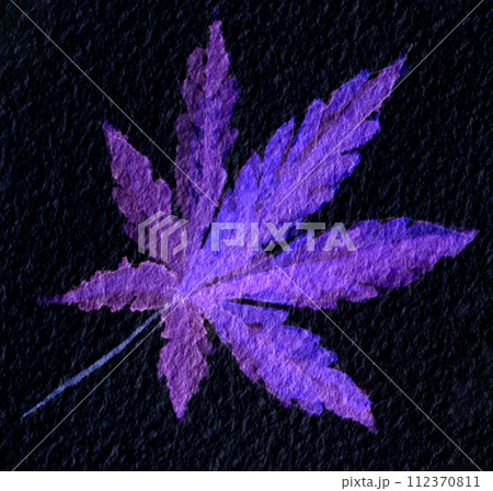 Blue, neon, violet cannabis indica leaf painted in watercolor. Hand drawn marijuana illustration on black background 112370811