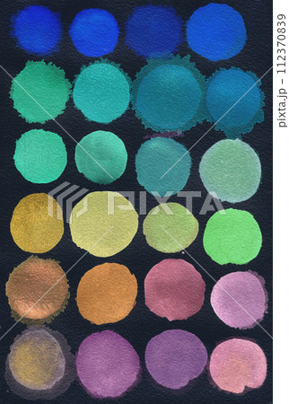 Set of watercolor circles of blue, green, red, brown, mustard, mint colors isolated on black background 112370839