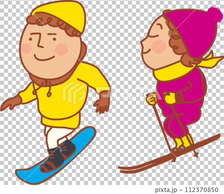 White background vector children enjoying skiing and snowboarding set 1 112370850