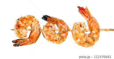 roasted peeled prawn with skewer isolated. grilled shrimp 112370881