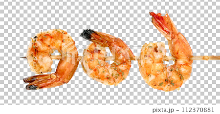 roasted peeled prawn with skewer isolated. grilled shrimp 112370881