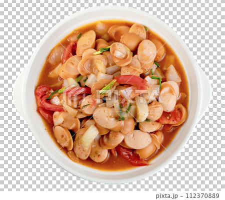 Stir fried sausage sauce with white plate isolated 112370889