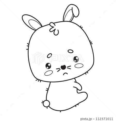 Cute sad little bunny. Animal outline kawaii character. Vector illustration. Line drawing, coloring book. Kids collection. Cute sad little bunny. Animal outline kawaii character. Vector illustration. Line drawing, coloring book. Kids collection. 112371011