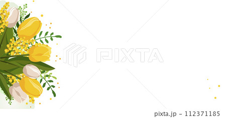Spring bouquet with yellow tulips and mimosa. Flat vector background with flowers for design 112371185