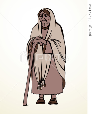 Vector drawing. Old woman with cane 112371308