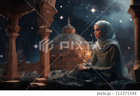 AI-generated content. A Muslim woman in hijab stands on the surface of the moon, welcoming the first Ramadan in a new era of space exploration.Generated image 112371348