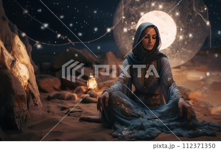 AI-generated content. A Muslim woman in hijab stands on the surface of the moon, welcoming the first Ramadan in a new era of space exploration.Generated image 112371350