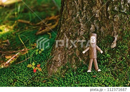 森の木に寄り添って耳を澄ませている、小さな木の妖精 森の木に寄り添って耳を澄ませている、小さな木の妖精 112371687