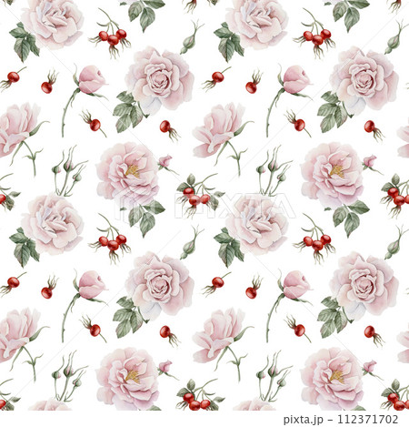 Rose hip pink flowers with buds, red berries and green leaves, Victorian style, watercolor seamless pattern on white background. For use in design, fabric, textile, scrapbooking, wallpaper, wrapping p 112371702