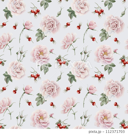 Rose hip pink flowers with buds, red berries and green leaves, Victorian style, watercolor seamless pattern on light blue background. For use in design, fabric, textile, scrapbooking, wallpaper, wrapp 112371703