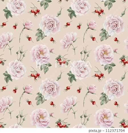Rose hip pink flowers with buds, red berries and green leaves, Victorian style, watercolor seamless pattern on beige background. For use in design, fabric, textile, scrapbooking, wallpaper, wrapping p 112371704