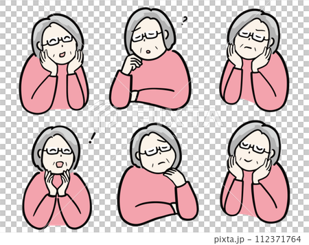 Illustration set of senior women with various expressions such as worrying and solving problems 112371764