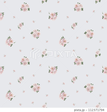 Rose hip pink flowers with buds and green leaves, Victorian style, watercolor seamless minimalist pattern on light blue background. For use in design, fabric, textile, scrapbooking, wallpaper, wrappin Rose hip pink flowers with buds and green leaves, Victorian style, watercolor seamless minimalist pattern on light blue background. For use in design, fabric, textile, scrapbooking, wallpaper, wrappin 112371794