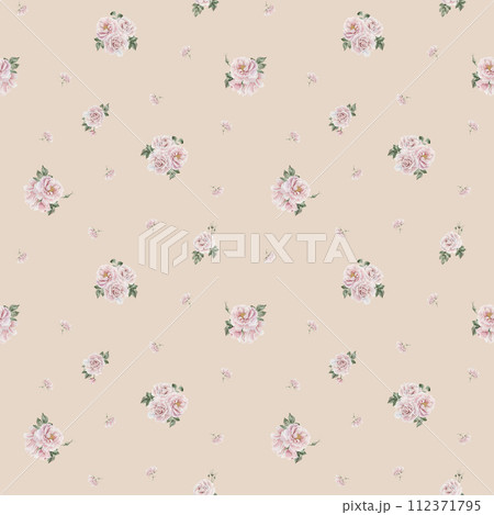 Rose hip pink flowers with buds and green leaves, Victorian style, watercolor seamless minimalist pattern on beige background. For use in design, fabric, textile, scrapbooking, wallpaper, wrapping pap Rose hip pink flowers with buds and green leaves, Victorian style, watercolor seamless minimalist pattern on beige background. For use in design, fabric, textile, scrapbooking, wallpaper, wrapping pap 112371795