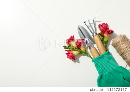 Gardening tools and flowers in glove and twine on white background, space for text 112372157