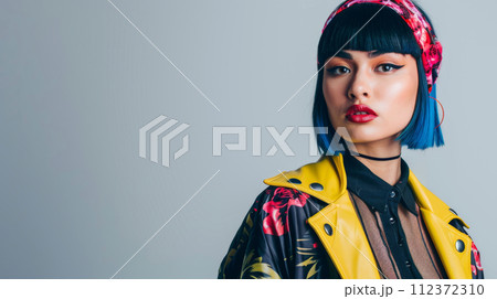 A stylish young woman dons a vibrant blue bob haircut, a headscarf, and a yellow leather jacket. 112372310