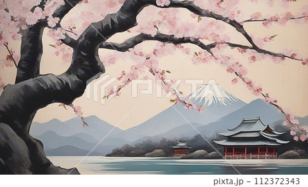 桜のある風景 油絵 桜のある風景 油絵 112372343