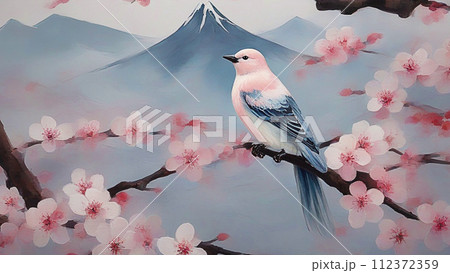 桜のある風景　油絵 112372359