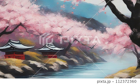 桜のある風景　油絵 112372360