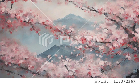 桜のある風景　油絵 112372367