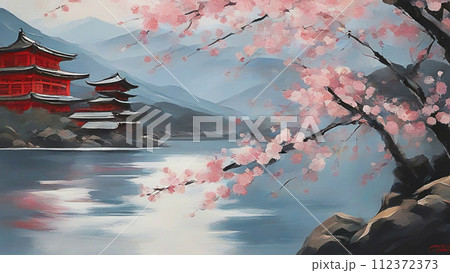 桜のある風景　油絵 112372373