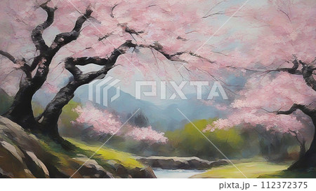 桜のある風景 油絵 桜のある風景 油絵 112372375