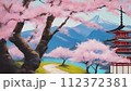 桜のある風景　油絵 112372381
