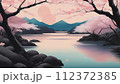 桜のある風景　油絵 112372385