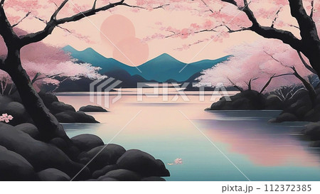 桜のある風景　油絵 112372385
