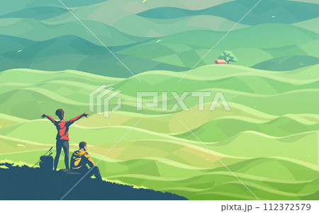 a young couple resting on the top of a hill, admiring the beautiful scenery of numerous hills of agricultural farmland a young couple resting on the top of a hill, admiring the beautiful scenery of numerous hills of agricultural farmland 112372579