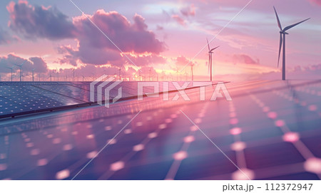 Twilight descends on a vast solar farm with elegant wind turbines in the distance, epitomizing the harmony of renewable energy with nature's beauty. 112372947
