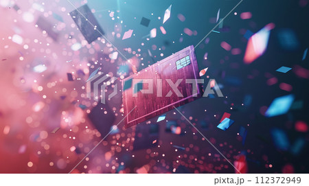A dynamic image capturing a credit card in mid-explosion, symbolizing the impact and energy of digital transactions and modern finance 112372949