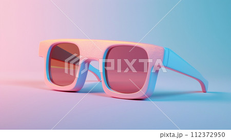 A trendy pair of pastel-colored sunglasses presented on a dual-tone pink and blue background, evoking a fresh, summer-ready fashion vibe 112372950