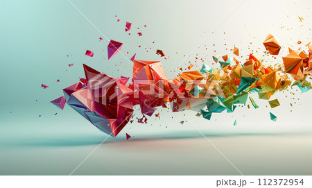 An abstract composition featuring a dynamic explosion of colorful geometric shapes against a soft, neutral background 112372954