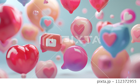 A whimsical 3D illustration of floating balloons with social media and heart icons, representing the light-hearted and affectionate interactions of the digital age 112372955