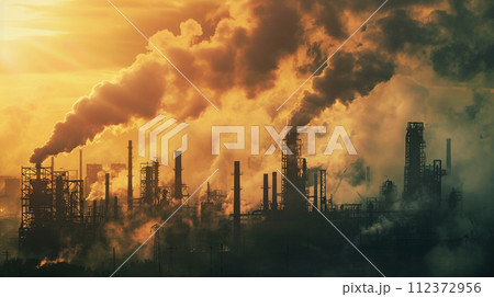 A striking juxtaposition of nature and industry, this image captures the silhouette of a sprawling refinery against the backdrop of a vivid sunset, with smoke billowing into the sky 112372956