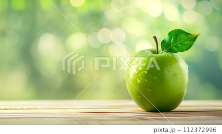 Close-up of a crisp green apple with water droplets, placed on a wooden surface against a soft, bokeh light background 112372996