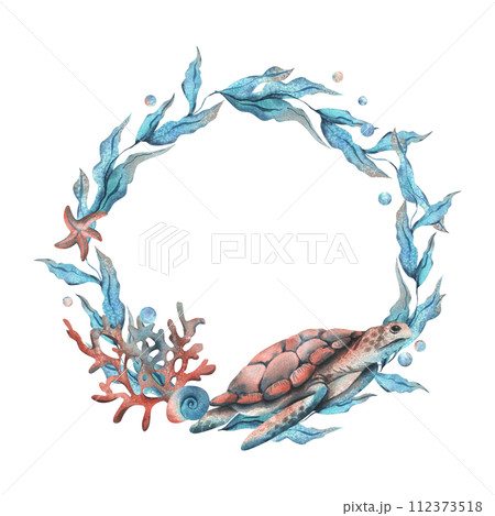 Underwater world clipart with sea animals turtle, shells, bubbles, coral and algae. Hand drawn watercolor illustration. Frame, template, wreath isolated from the background 112373518
