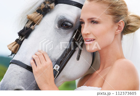 Bride, countryside and horse with face, portrait and smile for nature, connection and celebration. Woman, animal and uk field for wedding, love and happiness with summer, meadow and horse riding 112373605