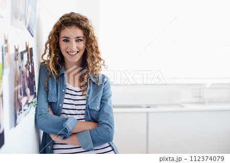 Smile, crossed arms and portrait of woman designer in office planning project with vision board. Happy, career and confident young female person working on creative startup business in workplace. 112374079