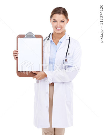 Empty, clipboard and happy portrait of doctor in white background, studio and mock up space. Medical, information and woman with checklist, presentation and board with news in health or insurance 112374120