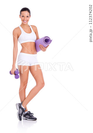 Body, portrait and woman and yoga mat for exercise, health and wellness with smile in studio. Pilates, fitness and happy girl in sportswear for weight loss, confidence and mockup on white background. 112374202