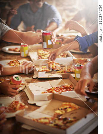 Group, friends and hands with pizza, celebration and diversity for joy or fun with youth. People, soda and fast food with drink, social gathering and snack for lunch or eating at italian pizzeria 112374254