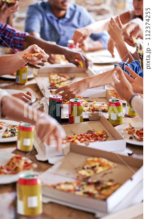 Group, friends and party with pizza, beverage and diversity for joy or fun with youth. People, soda and fast food with drink, social gathering and snack for lunch or eating at italian pizzeria 112374255