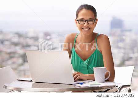 Outdoor, city and portrait of woman with laptop for remote work, business and research for trading stocks. Happy, entrepreneur and investor with coffee at home on computer reading news for strategy 112374332