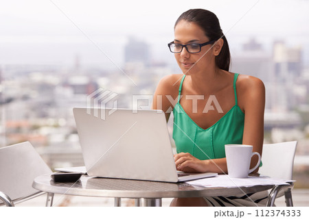 Outdoor, balcony and woman with remote work on laptop for business in trading and budget for finance. City, entrepreneur and investor with coffee at home on computer reading news, research or stocks 112374333