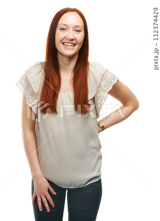 Studio, portrait and woman with casual fashion or trendy style, shine and wellness by white background. French person, positive face or professional in funky clothes or creative career in journalism 112374429